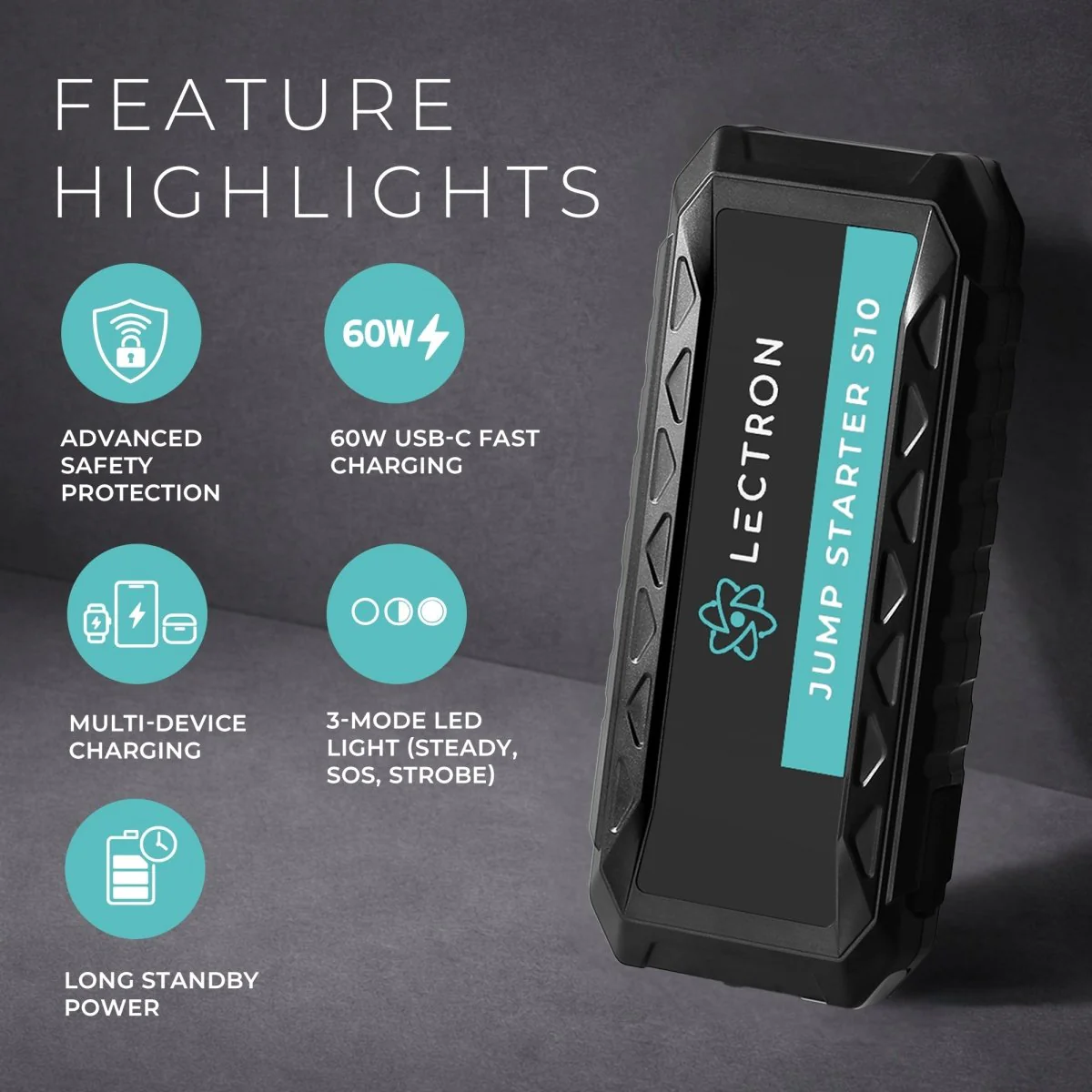 Lectron Portable Jump Starter S10 for 12V Vehicles | 20000mAh Power Bank | 60W USB-C PD | Up to 10L Gas & 8L Diesel - Image 4